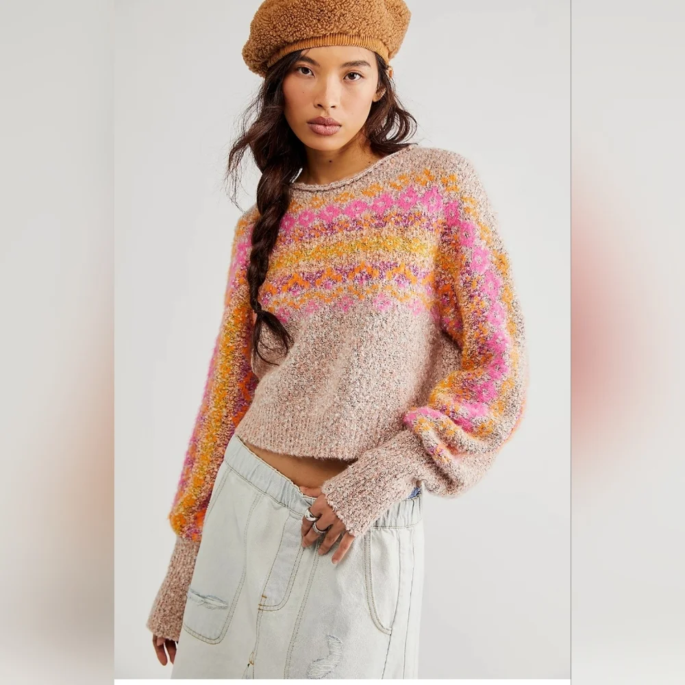 Free People snowflake tan colorblock fuzzy style sweater size‎ large brand new